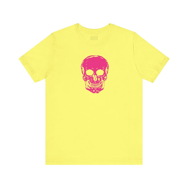 Yellow unisex short sleeve tee with a vibrant pink skull graphic on the front.