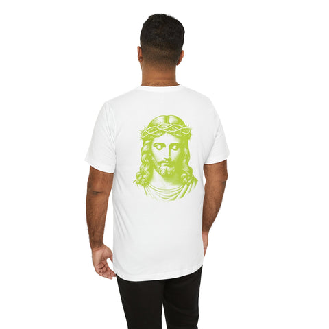 White Jesus t-shirt with lime green jumbo Jesus back print and mini Jesus front left graphic.