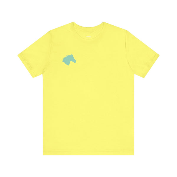 Minimalist yellow t-shirt with aqua horse head graphic on left chest for equestrian lovers