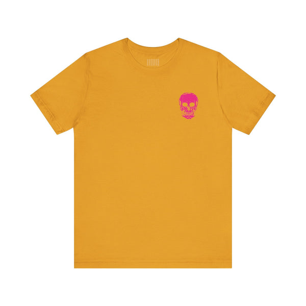 mustard punk rock tee with mini hot pink skull on chest