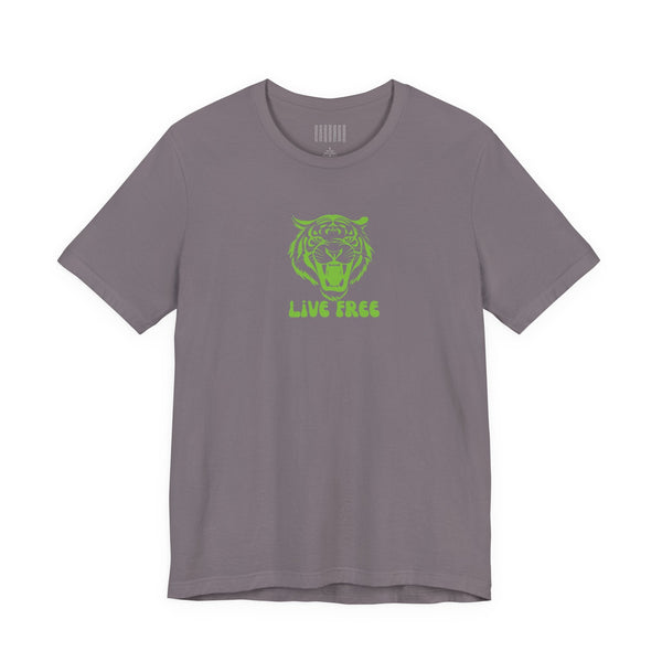 Green Live Free streetwear tee with retro roaring tiger graphic, unisex jersey short sleeve shirt, comfortable breathable cotton