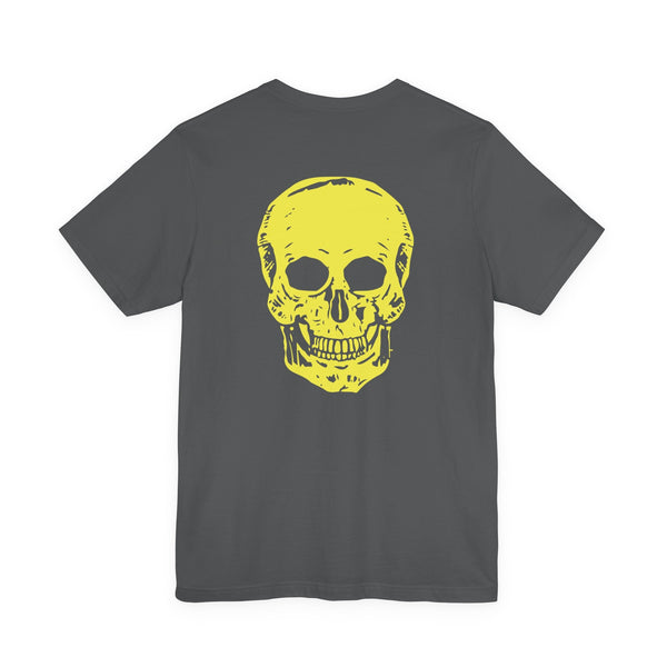 Underground style gray tee with yellow skull mini chest print and jumbo back graphic