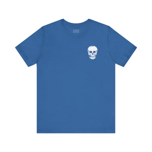 blue graphic tee with small white skull on front and large skull graphic on back