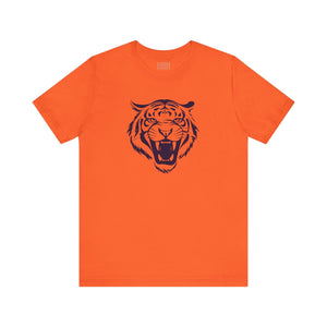 Orange graphic tee with dark navy blue roaring tiger head print on front
