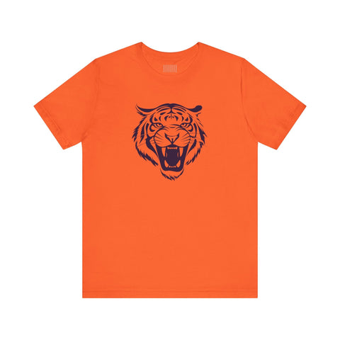 Orange graphic tee with dark navy blue roaring tiger head print on front