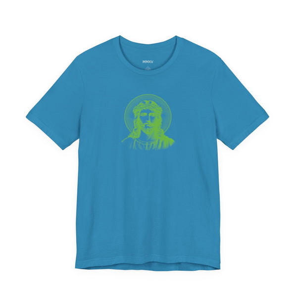 Green mid-scale Jesus with halo graphic religious t-shirt in lightweight cotton