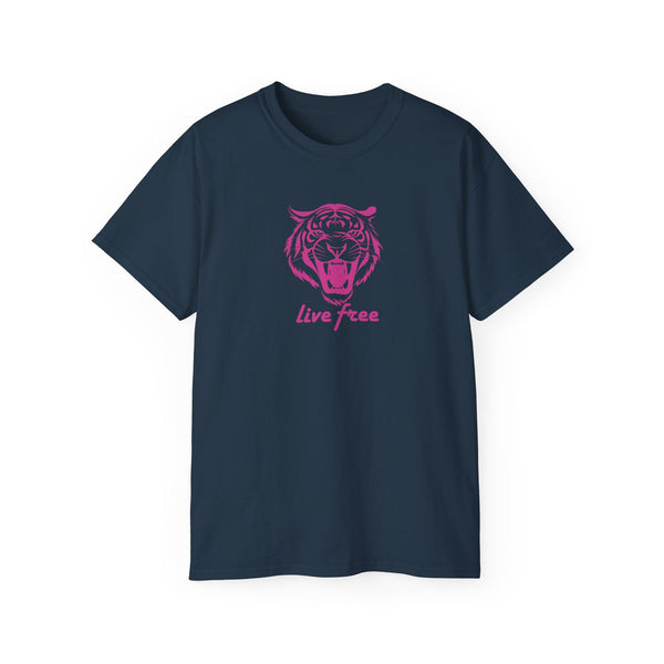 Navy tee with pink roaring tiger head graphic and "live free" slogan statement tees