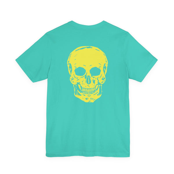 Turquoise tee with a large yellow skull graphic on the back in underground street style.
