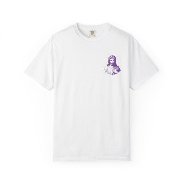 Purple Jumbo Jesus Back Print Tee with Purple Mini Jesus Front Left Graphic Tee - Iconic by Sandra Oles