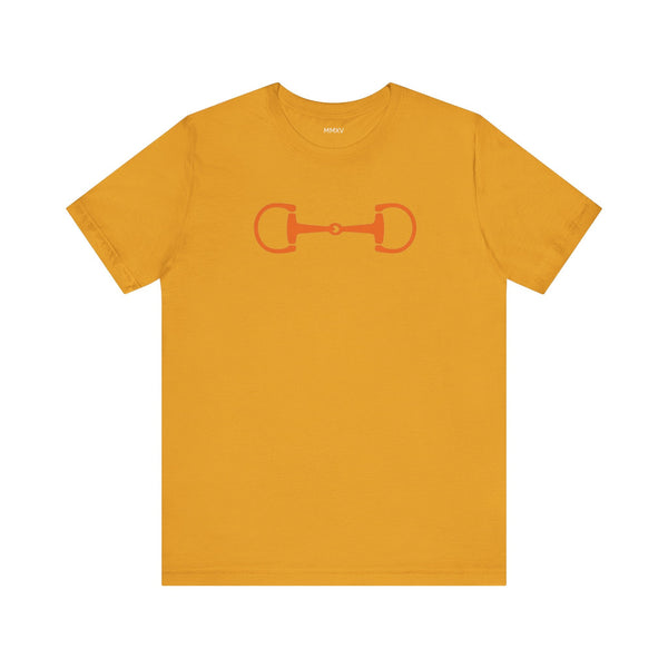 Mustard graphic tee with bold horsebit design, heritage equestrian streetwear style, breathable cotton fabric, casual fitted silhouette.