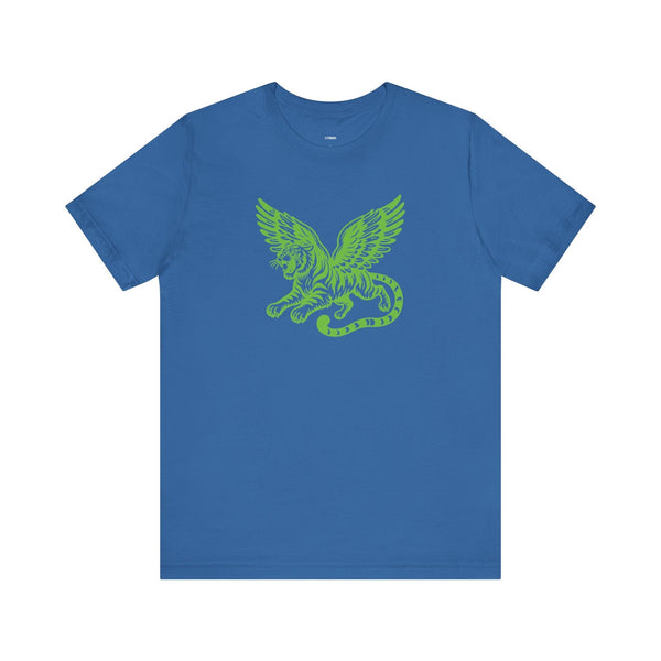 Blue t-shirt with neon green winged tiger graphic on chest for bold, mythical style