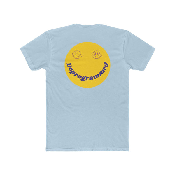 Light blue unisex cotton tee with yellow retro smiley face and "Deprogrammed" text on back, 1990's rave style graphic tee