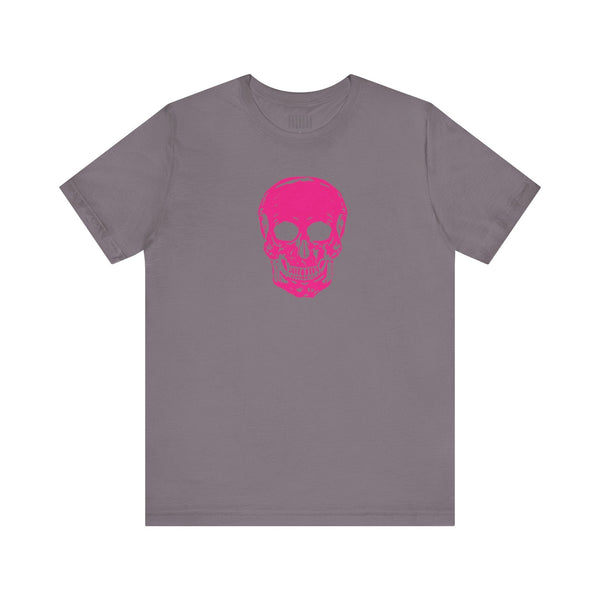 Unisex gray short sleeve tee with bright pink skull graphic on front by Sandra Oles