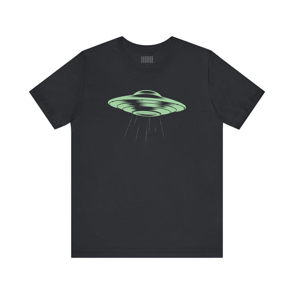 Black unisex t-shirt featuring a celadon green retro flying saucer space ship graphic with beam rays