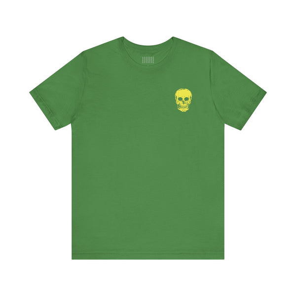 Green streetwear tee shirt with small yellow skull graphic on left chest