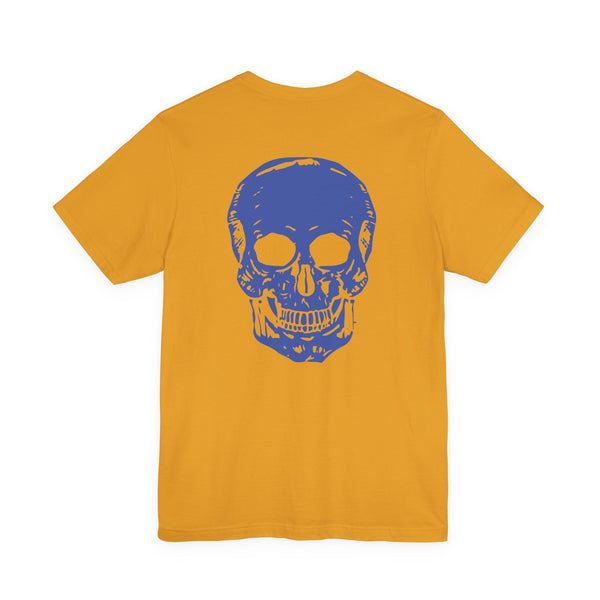 Mustard yellow graphic tee shirts with a large blue skull graphic on the back, made from soft cotton.