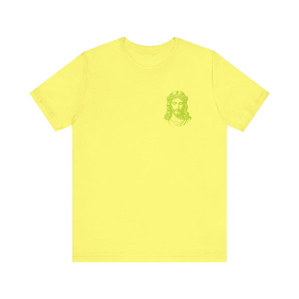 Lime green Jesus t-shirt with jumbo back print and mini front left graphic in soft cotton and unisex fit