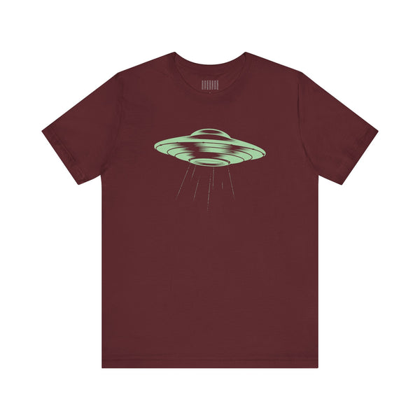 Celadon green retro UFO graphic on maroon unisex cotton space shit t shirt with vintage comic style design