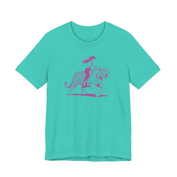 Turquoise cotton tee with neon magenta cowgirl riding tiger graphic front print