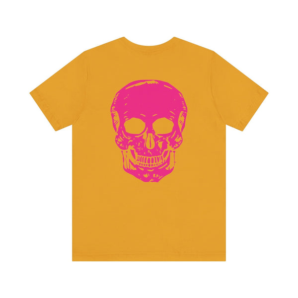 Mustard yellow t-shirt with a large bold pink skull graphic on the back for punk rock style.