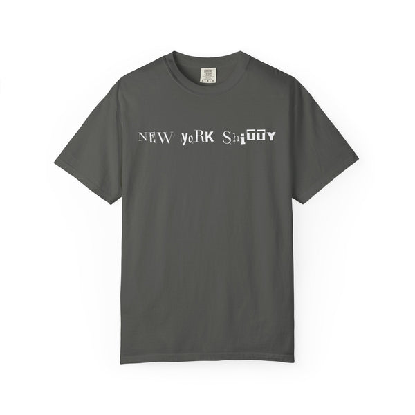 New York Graphic Tee in dark gray with punk rock style mixed lettering print on front