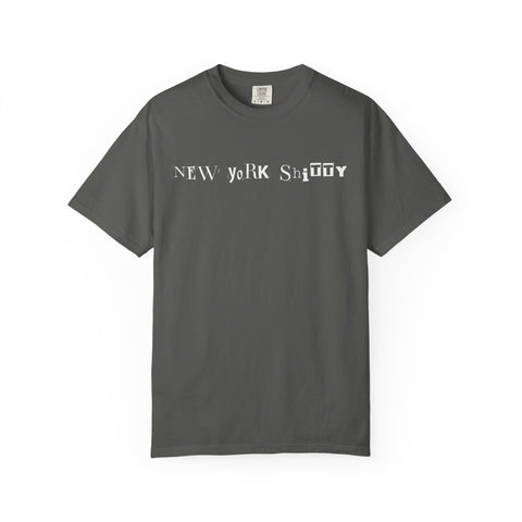 New York Graphic Tee in dark gray with punk rock style mixed lettering print on front