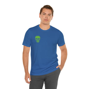 blue streetwear t shirt with small green skull graphic on left chest worn by male model