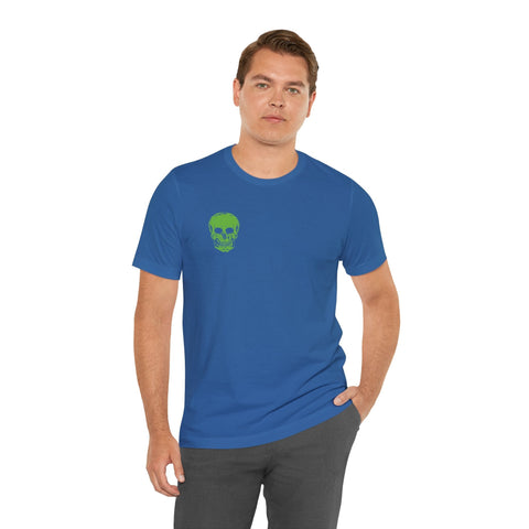 blue streetwear t shirt with small green skull graphic on left chest worn by male model