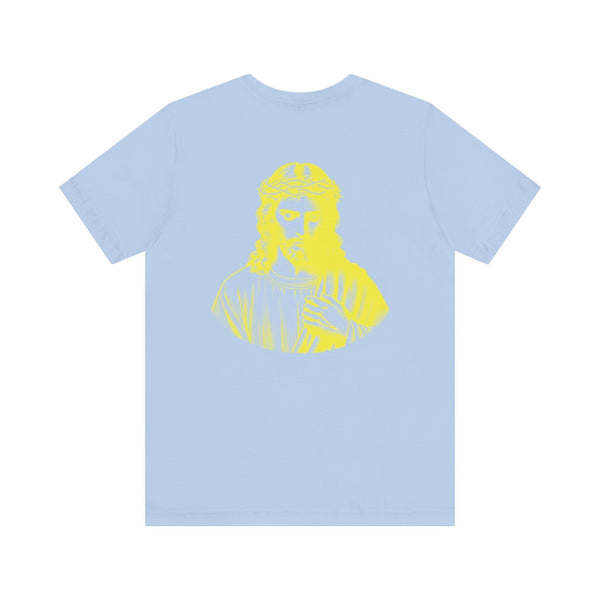 Light blue Christian streetwear t-shirt with jumbo yellow Jesus graphic on the back.