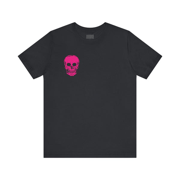 Black punk rock t-shirt with a bold pink skull print on the left chest.