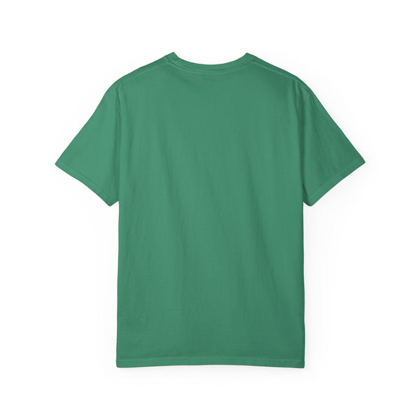 Back view of green religious graphic tee with soft garment-dyed fabric and eco-friendly design