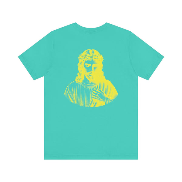 Turquoise Christian streetwear t-shirt with jumbo yellow Jesus graphic on the back.