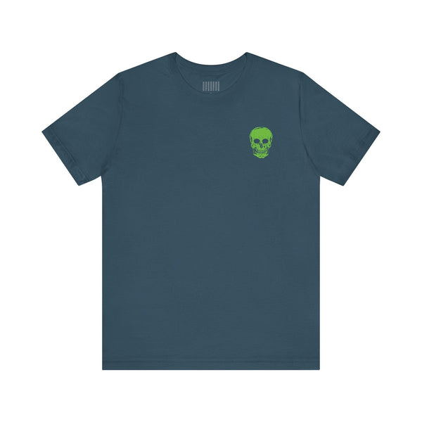 dark blue streetwear t shirt with small green skull graphic on chest by Sandra Oles