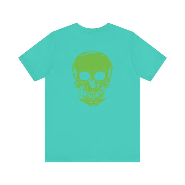 Green Jumbo Skull Back Print with Green Mini Skull Left Front Graphic Tee - Fugitive by Sandra Oles