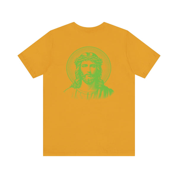 Green jumbo halo Jesus graphic on back with small green Jesus print on front left chest of mustard yellow Jesus graphic tee
