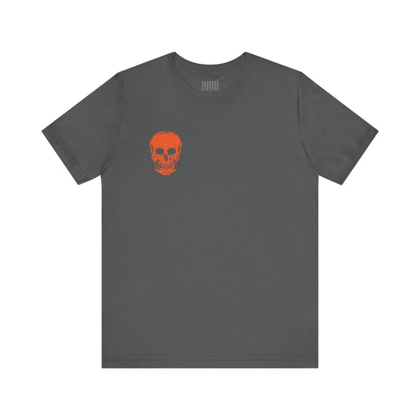 Orange Jumbo Skull Back Print featuring a Mini Orange Skull left Front Graphic Tee