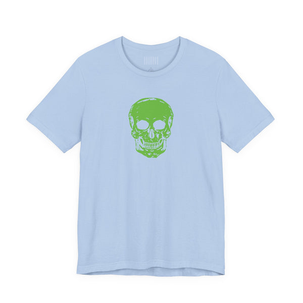Light blue tee with a green skull graphic, skull streetwear style