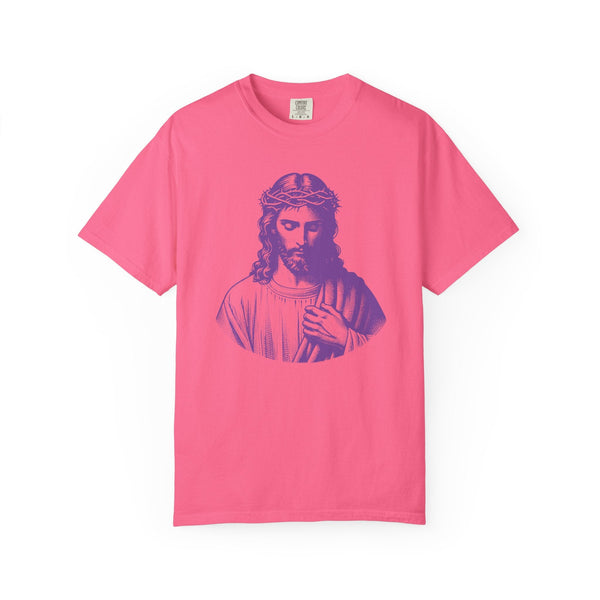 purple jumbo tee with divine Jesus front graphic sacred heart design Christian clothing