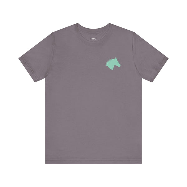 Unisex gray t shirt with aqua wild mini horse head front print graphic tee design