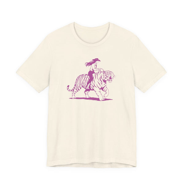 Cowgirl riding tiger neon magenta graphic on white unisex cotton tee