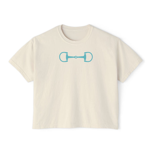 Boxy off-white tee shirt with aqua horsebit graphic, modern equestrian streetwear style
