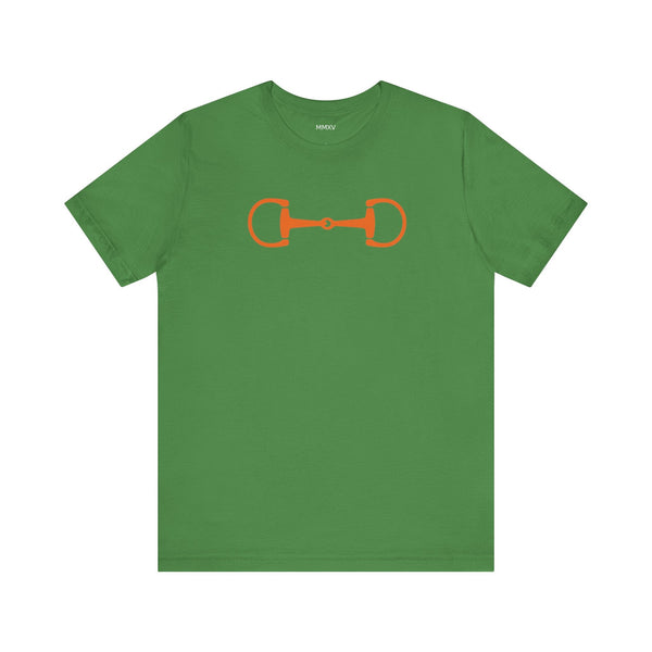 Green graphic tee with vibrant orange horsebit design, heritage equestrian streetwear style, soft breathable cotton.