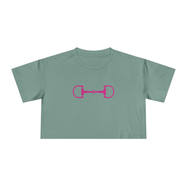 Cropped green tee with bold pink horsebit graphic, relaxed fit, modern equestrian style