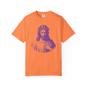 Orange graphic tee with purple Jesus print, Christian clothing, soft cotton, crew neck, available in multiple sizes