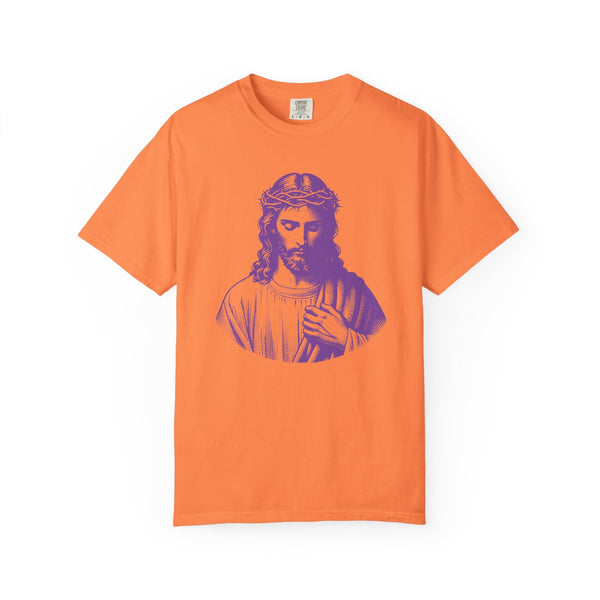 Orange graphic tee with purple Jesus print, Christian clothing, soft cotton, crew neck, available in multiple sizes