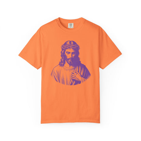 Orange graphic tee with purple Jesus print, Christian clothing, soft cotton, crew neck, available in multiple sizes
