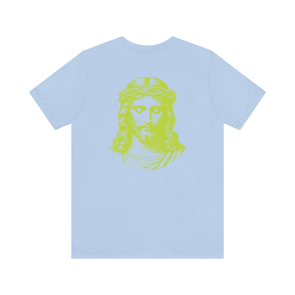 Light blue Jesus t-shirt with lime green jumbo Jesus portrait on back and mini front graphic, premium cotton, unisex fit.
