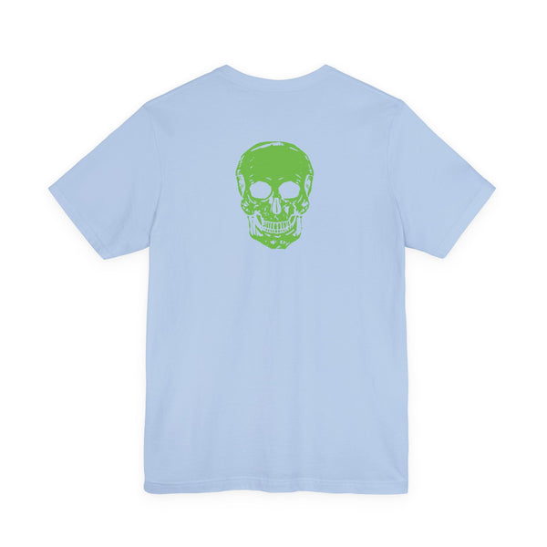 Light blue designer t-shirt with bold green skull graphic on the back