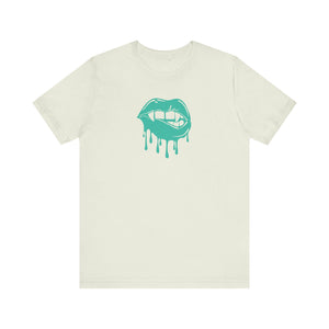 Unisex cream tee with aqua dripping vampire fang lips graphic, Fang t shirt design