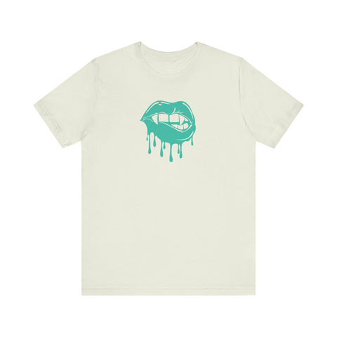 Unisex cream tee with aqua dripping vampire fang lips graphic, Fang t shirt design